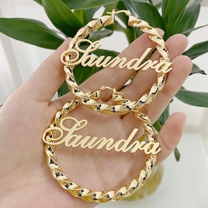 18K Gold Custom Name Twist Hoop Earrings: Dainty Minimalist Hoop, Personalized Women Jewelry Gift