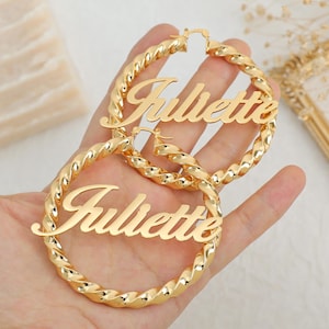 18k Gold Name Earrings, Personalized Earring Women, Custom Name Twist Hoop Earrings, Name Hoop Earrings, Nameplate Earrings Gift for Mom