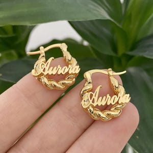 Custom Name Hoop Earrings: 18K Gold Personalized Mini Twist Hoops, Kids Jewelry Gift