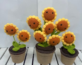 Crochet sunflower in pot,handmade personalized gift for mother,Knitted Sunflower, smile sunflower,handmade,home decoration,crochet flowers