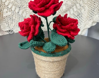 Roses en pot au crochet,Cadeau personnalisé fait main,Décoration de maison,Roses en pot,Roses en crochet au crochet,Cadeau personnalisé