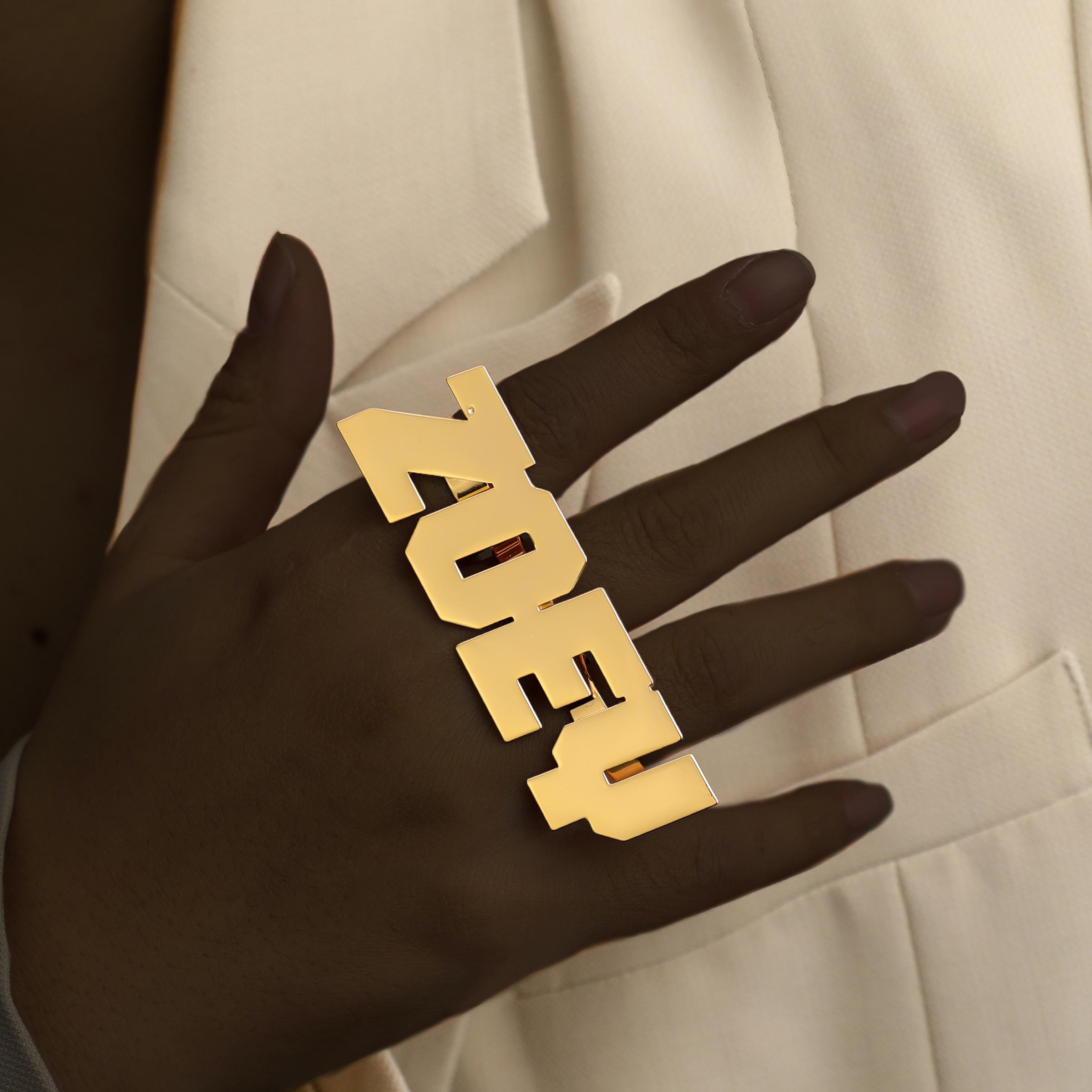Custom Gold Name Ring: Personalized 2-4 Finger Ring, Big Nameplate Men Women Jewelry