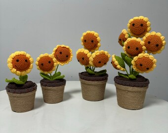 Knitted Sunflower Planter,Crochet sunflower in pot,Crochet Planter,Knitted Sunflower,smile sunflower,Crochet Sunflower Bouquet,Gift for Mom