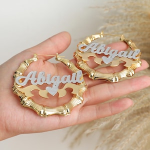 Custom Name Bamboo Hoops, Bamboo Earrings, Personalized Two-Tone Name Earrings, Name Bamboo Hoops, Gold Bamboo Earrings, Personalized Gift
