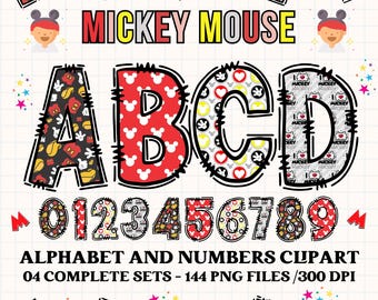 Mickey Mouse alphabet clipart PNG. 4 styles with mickey mouse cliparts. mickey alphabet letters, mickey png cliparts, numbers clipart png