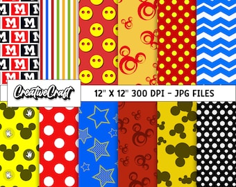 12 Papeles Digitales Mickey el Ratón 300 DPI Máxima Calidad, scrapbooking mickey, diseños papeles imprimibles mickey, descarga instantánea
