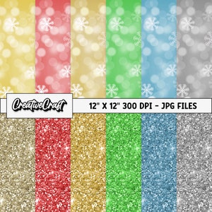 May include: Set of six digital paper backgrounds featuring glitter textures in gold, red, green, blue, and silver. Each background has a subtle snowflake pattern and a blurred bokeh effect. The papers are 12 inches by 12 inches and 300 DPI.