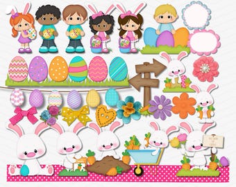 Könnte beinhalten: Ein Set mit 42 digitalen Clipart-Bildern zum Thema Ostern. Das Clipart enthält Hasen, Eier, Blumen, Schleifen, Karotten, eine Schubkarre, einen Wegweiser und Kinder, die Ostereier halten. Die Bilder sind im Cartoon-Stil gehalten und eignen sich perfekt zum Erstellen von Osterbastelarbeiten, Karten und Dekorationen.