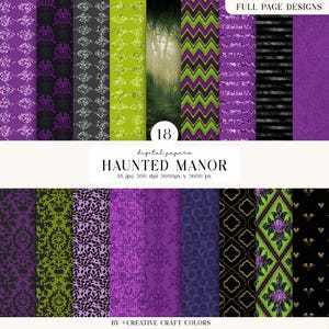 18 Haunted Manor Digital Papers, Gothic Halloween backgrounds designs, Purple Glitter scrapbook papers, junk journal, green purple papers