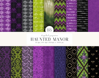 18 Haunted Manor Digital Papers, Gothic Halloween backgrounds designs, Purple Glitter scrapbook papers, junk journal, green purple papers