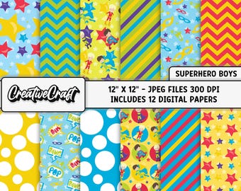 12 papéis digitais de super-heróis de histórias em quadrinhos com qualidade máxima de 300 DPI, scrapbooking de super-heróis, designs de papel de super-heróis, download instantâneo