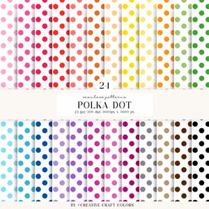 Könnte beinhalten: Eine Sammlung von 24 nahtlosen Punktemustern in verschiedenen Farben wie Pink, Rot, Orange, Gelb, Grün, Blau, Lila, Magenta, Grau, Braun und Schwarz. Der Text lautet 24 seamless patterns POLKA DOT 24 jpg 300 dpi 3600px x 3600 px.