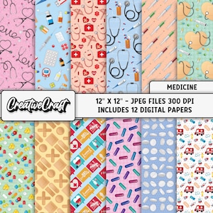 12 Nurse Doctor Medicine Digital Papers 300 DPI Maximum Quality, medicine scrapbooking, medicine printables papers designs, instant download