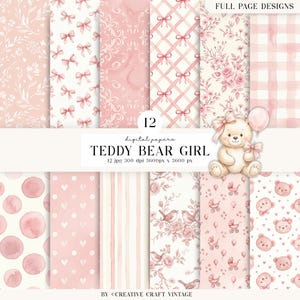 Puede incluir: Una colección de 12 papeles digitales con patrones en rosa y blanco que incluyen lazos, motivos florales, cuadros vichy, lunares, rayas y ositos de peluche. El texto dice 12 digital papers TEDDY BEAR GIRL 12 jpg 300 dpi 3600px x 3600 px.