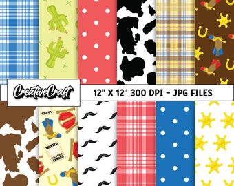 12 Western Cowboy Digital Papers 300 DPI Maximum Quality, cowboy scrapbooking, cowboy printables papers designs, instant download