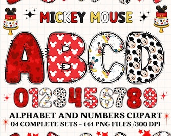 Mickey Mouse alphabet clipart PNG. 4 styles with mickey mouse cliparts. mickey alphabet letters, mickey png cliparts, numbers clipart png