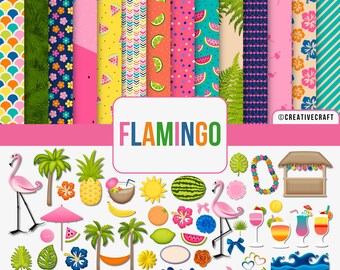 Kit Flamingo Digital Paper and Clipart 300 DPI Maximum Quality, flamingo scrapbook, printable flamingo clipart, flamingo digital paper