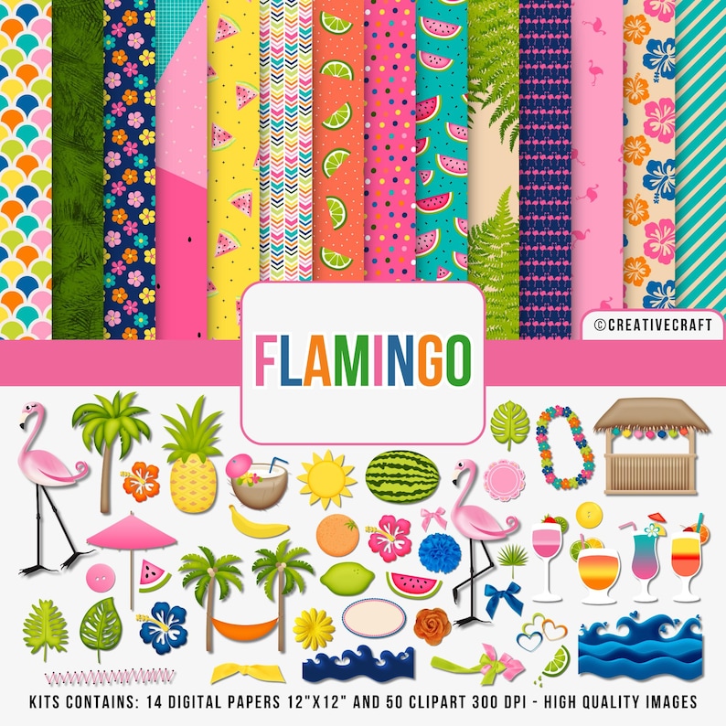 Kit Flamingo Digital Paper and Clipart 300 DPI Maximum Quality ...