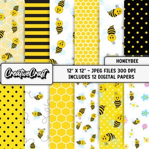 12 Honeybee Digital Papers 12" x 12", Bee Baby Shower Scrapbook Paper, Yellow Spring Cute Backgrounds, commercial licence, springtime papers
