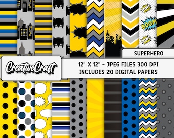 20 Bat Superhero Digital Papers 300 DPI Maximum Quality, bat superhero scrapbook, bat superhero printables papers designs, instant download