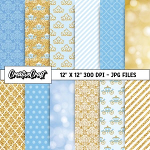 Puede incluir: Un conjunto de 10 diseños de papel digital en azul y dorado con patrones de coronas, carruajes, purpurina y damasco. Los papeles miden 30,48 cm por 30,48 cm y 300 DPI. CreativeCraft 30,48 cm X 30,48 cm 300 DPI - ARCHIVOS JPG