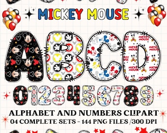 Mickey Mouse alphabet clipart PNG. 4 styles with mickey mouse cliparts. mickey alphabet letters, mickey png cliparts, numbers clipart png