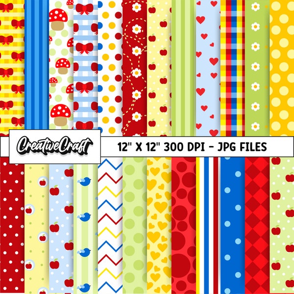 24 Snow White Princess Digital Papers 300 DPI Highest Quality, snow white scrapbook, princess printable paper designs, instant download