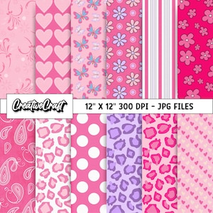 Puede incluir: Un conjunto de 10 patrones de papel digital en rosa, blanco y morado. Los patrones incluyen corazones, mariposas, flores, lunares, paisley e estampado de leopardo. Los papeles son de 30,5 cm por 30,5 cm y 300 DPI.