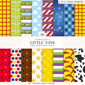 May include: A collection of 16 digital papers titled LITTLE TOYS featuring various patterns including red and yellow grids, green alien eyes, blue sky with white clouds, red and white stripes, blue stars, polka dots, yellow stars, and cow print.