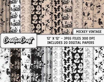 20 Papeles Digitales Mickey Vintage 300 DPI Máxima Calidad, scrapbooking mickey, diseños papeles imprimibles mickey, descarga instantánea