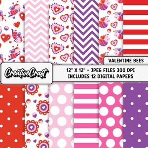 12 Papeles Digitales San Valentin 12"x12", abejas papeles digitales, fondos corazones, papeles scrapbook de amor, cute bees papers