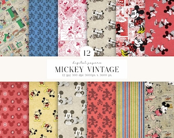 12 Mickey Vintage Digital Papers 300 DPI Maximum Quality, mickey scrapbooking, mickey vintage printables papers designs, instant download