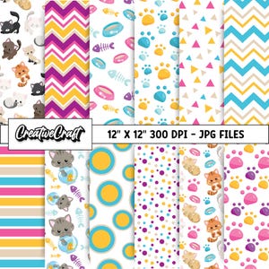 12 cute cats Digital Papers 300 DPI Highest Quality, cute cats scrapbooking, cute cats printables papers designs, instant download, cute cat