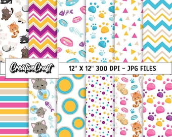 Op de afbeelding: Set van 10 digitale papieren met schattige katten, potafdrukken, visgraten en andere katten-thema patronen. De papieren zijn 30,5 cm bij 30,5 cm en 300 DPI. JPG-bestanden.