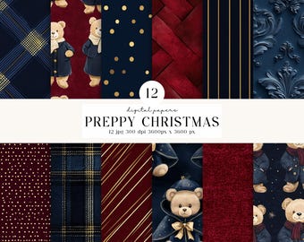 Preppy Christmas Watercolor Digital Paper Pack, Teddy Bears Plaid Damask Gold, 12 Designs Scrapbook Junk Journal Instant Download