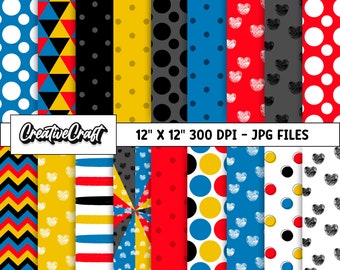 May include: A set of 16 digital paper designs featuring various patterns in red, yellow, blue, black, and white. The patterns include polka dots, hearts, stripes, and geometric shapes. The text "CreativeCraft 12" x 12" 300 DPI - JPG FILES" is at the bottom of the image.