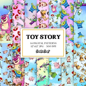 May include: A set of 14 digital patterns, each 30.48 cm x 30.48 cm, featuring characters from "Toy Story." The JPG files are at 300 DPI. The designs showcase characters such as Buzz Lightyear and Woody, set against vibrant, colorful backgrounds.
