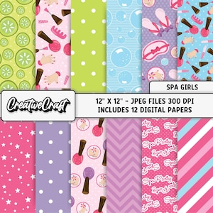 12 Spa girls Digital Papers 300 DPI Maximum Quality, spa scrapbook, spa printables papers designs, instant download, spa girl digital papers