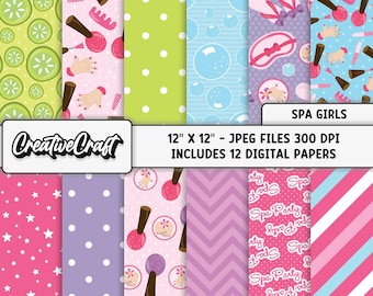 12 Spa girls Digital Papers 300 DPI Maximum Quality, spa scrapbook, spa printables papers designs, instant download, spa girl digital papers