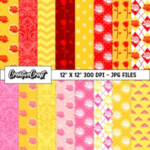 16 Beauty and Beast Digital Papers 300 DPI Maximum Quality, princess scrapbooking, beauty and beast printables designs, instant download