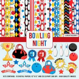 Puede incluir: Un conjunto de 20 imágenes de clipart digital y 16 papeles digitales con diseños de temática de bolos. El clipart incluye bolos, bolas de bolos, un trofeo, una bolsa de bolos, una estrella, una cinta y un letrero de strike. Los papeles digitales presentan varios patrones con bolos, bolas de bolos, estrellas y rayas en rojo, azul, amarillo y negro.