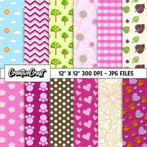 12 Papeles Digitales Niña y el Oso 300 DPI Máxima Calidad, scrapbooking Niña y el Oso, diseños papeles Niña y el Oso, descarga instantánea