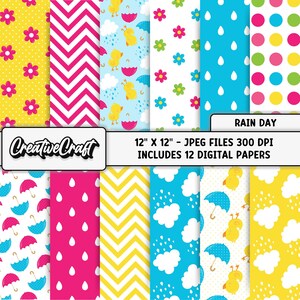 May include: A collection of 12 digital papers with various patterns, including flowers, chevrons, raindrops, umbrellas, and ducklings. The papers are 12" x 12" JPEG files at 300 DPI. The text "RAIN DAY" and "Creative Craft" are also visible.