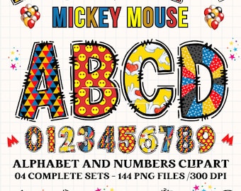 Mickey Mouse alphabet clipart PNG. 4 styles with mickey mouse cliparts. mickey alphabet letters, mickey png cliparts, numbers clipart png
