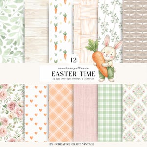 Puede incluir: Una colección de arte digital con 12 patrones sin costuras con temática de Pascua. Los diseños incluyen zanahorias, arreglos florales, vetas de madera y un conejito sosteniendo una zanahoria. El texto "EASTER TIME" se muestra con el número "12".