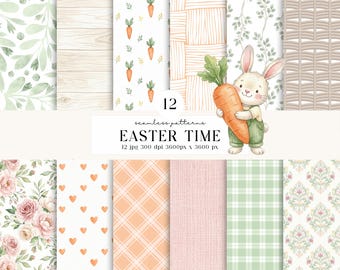 12 Easter Seamless Patterns, Watercolor Bunny, Vintage Spring Scrapbook Background Carrot Pattern, easter vintage, easter watercolor