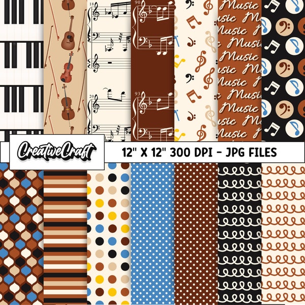 12 Music Instrumental Digital Papers 300 DPI Maximum Quality, music scrapbooking, music printables papers designs, instant download, music
