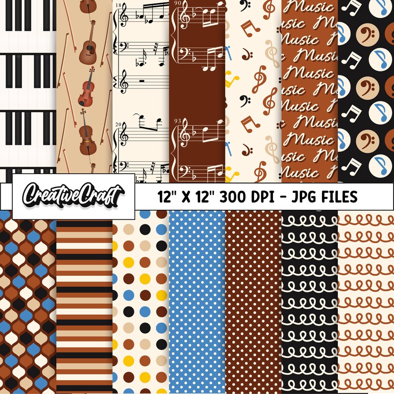 12 Music Instrumental Digital Papers 300 DPI Maximum Quality, Music ...