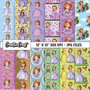 May include: A set of 12 digital paper designs featuring Sofia the First, a Disney princess. The designs include various patterns with Sofia, her friends, and royal symbols. The papers are 12 inches by 12 inches and 300 DPI.