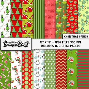 Puede incluir: Una colección de 16 papeles digitales con diseños navideños. Los diseños incluyen el Grinch, árboles de Navidad y bastones de caramelo. Los papeles son archivos JPEG de 30,48 cm x 30,48 cm a 300 DPI. El texto "Christmas Grinch" es visible.